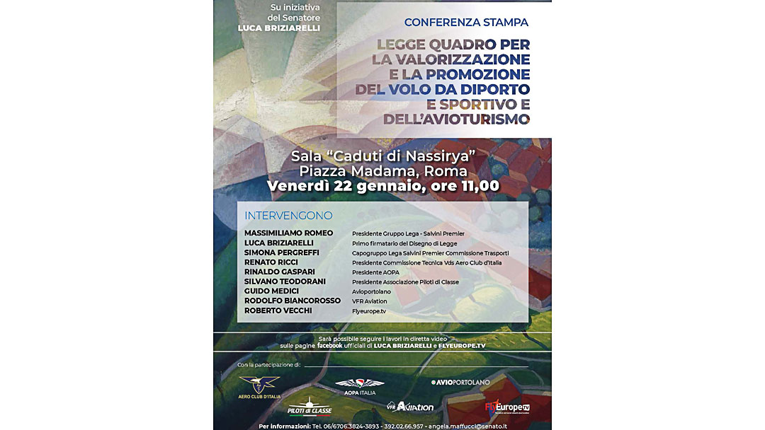 AOPA Italia partecipa a Palazzo Madama alla presentazione della Legge Quadro per la valorizzazione e la promozione  del VDS e dell’avioturismo