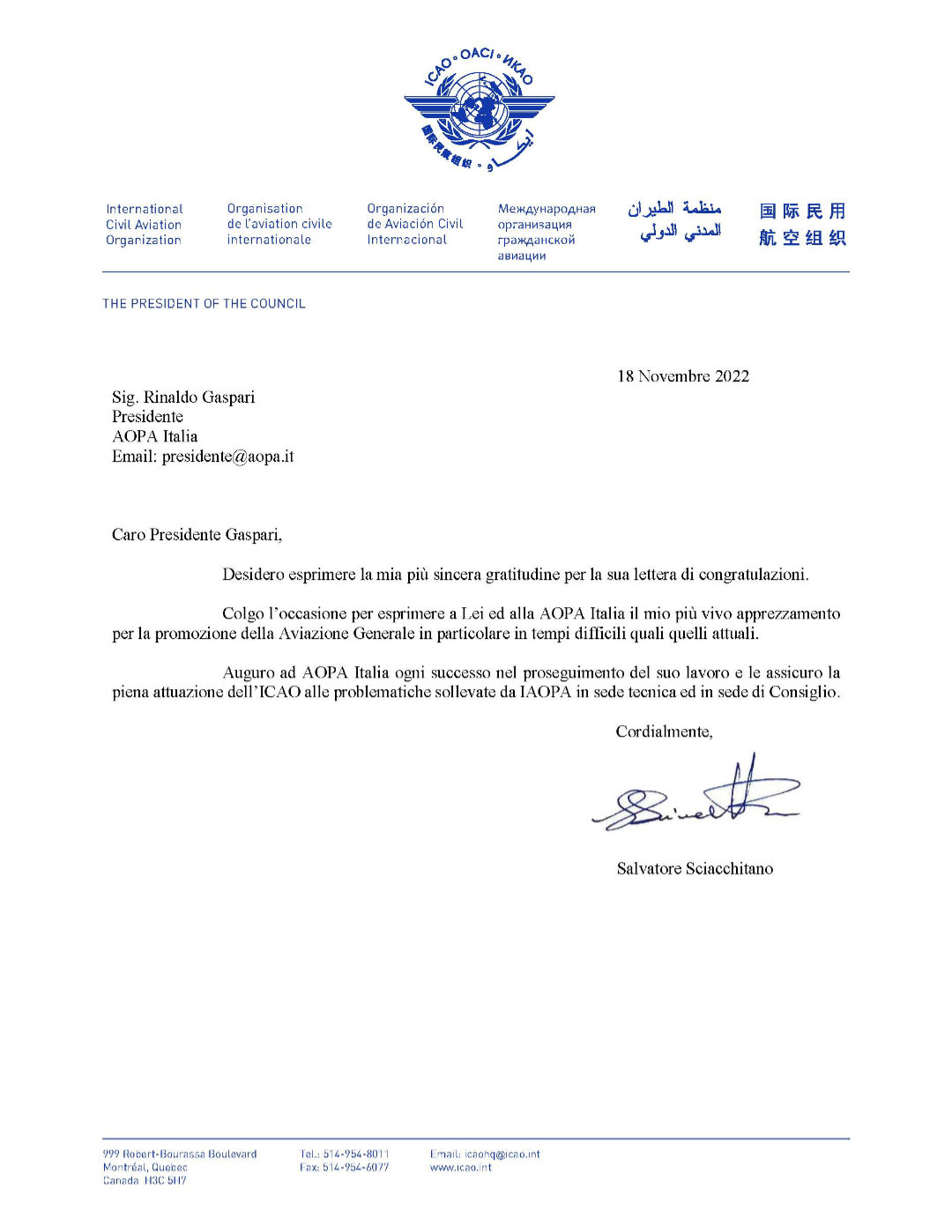 Lettera del Presidente ICAO ad AOPA Italia
