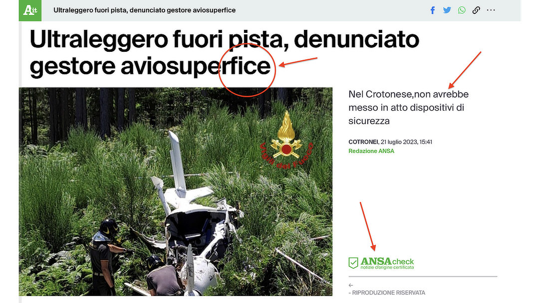 Ultraleggero fuori pista, denunciato gestore aviosuperficie